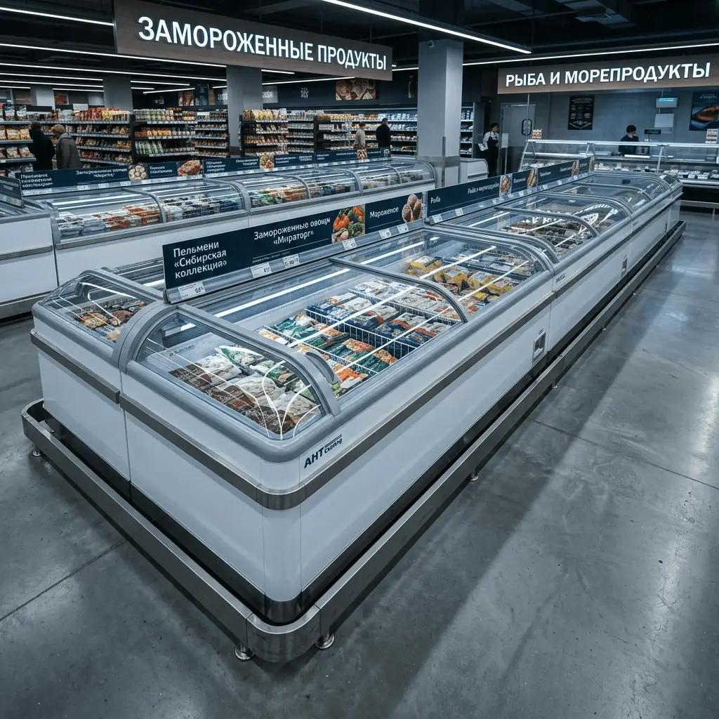 Островные морозильники и бонеты в торговом зале магазина
